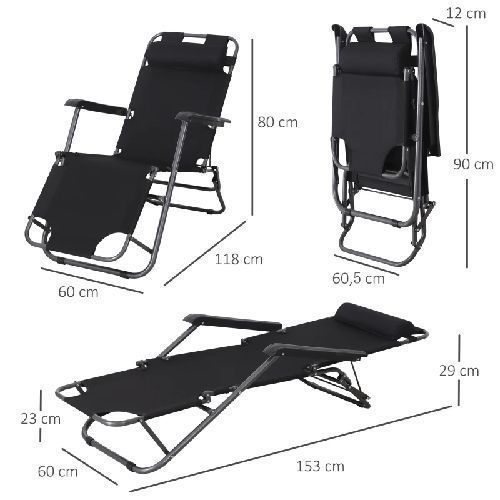 Chaise longue inclinable transat bain de soleil 2 en 1 pliant têtière amovible charge max. 136 kg to