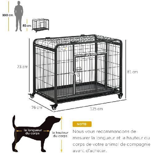 Cage chiens pliable sur roulettes 2 portes verrouillables métal gris noir