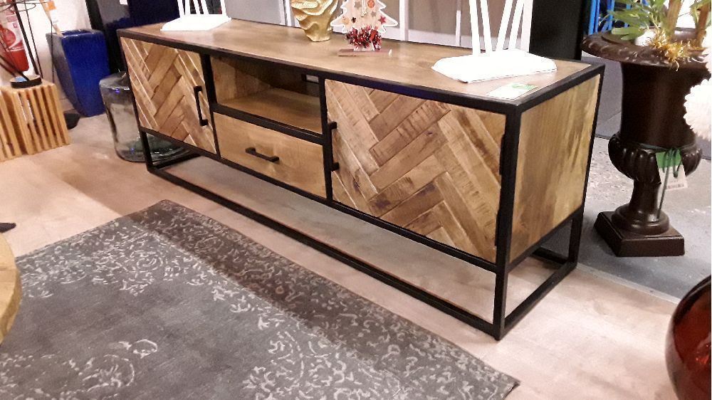 Meuble TV manguier chevron 2 portes 1 tiroir 160