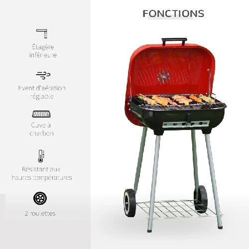 Barbecue à charbon avec couvercle et roulettes acier émaillé rouge