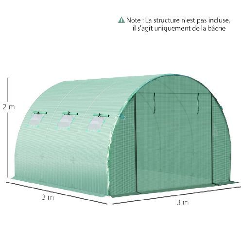 Bâche de rechange serre tunnel 9 m², bâche dim. 3l x 3l x 2h m pe anti-uv imperméable 6 fenêtres + p