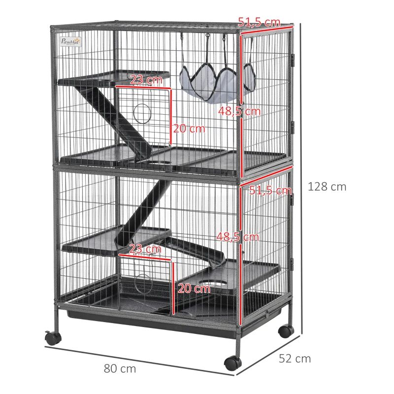 Cage pour rongeurs multifonction 4 plateformes 3 rampes 4 portes dim. 80l x 52l x 128h cm métal gris