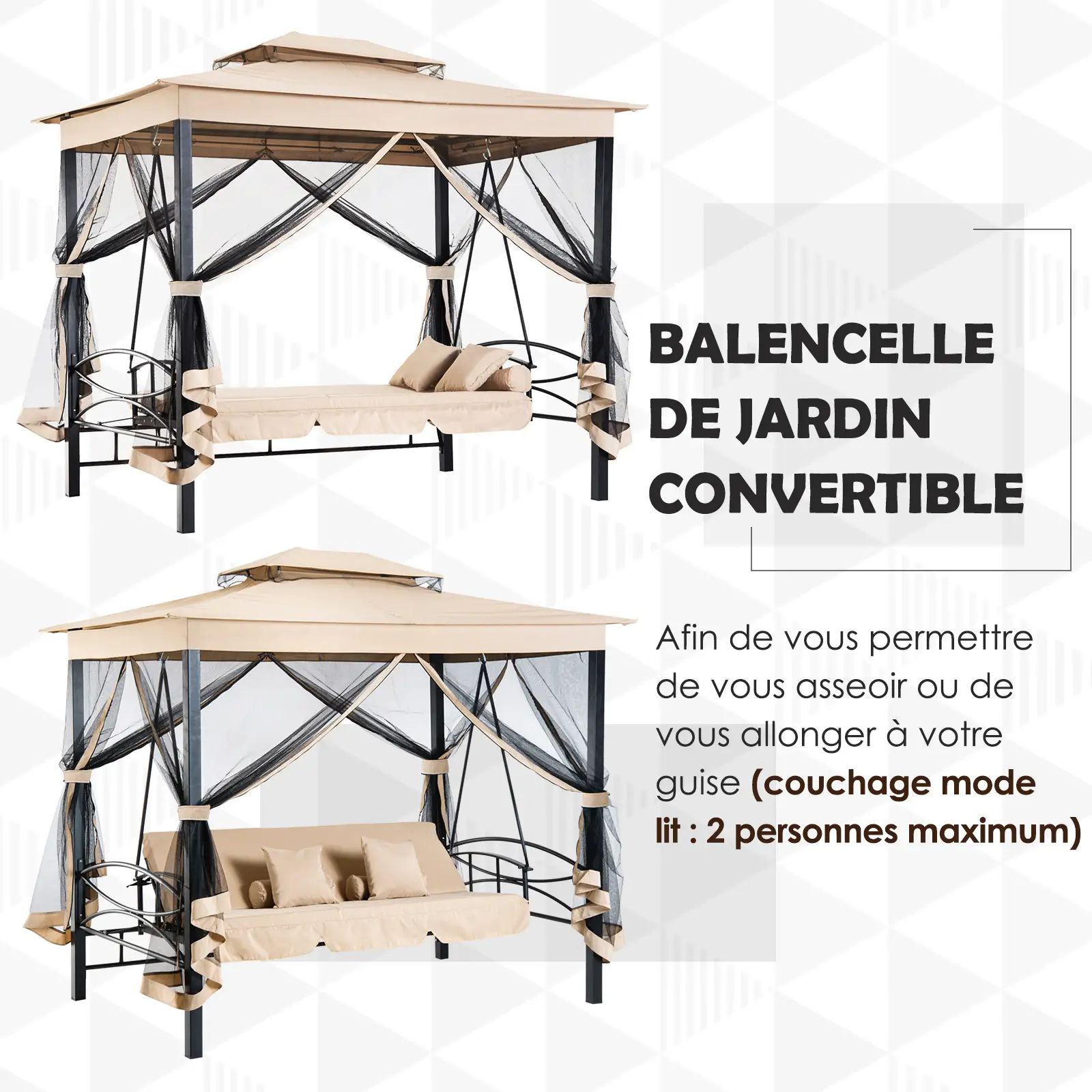 Balancelle de jardin 3 places convertible style colonial grand confort 5 coussins + matelas + mousti
