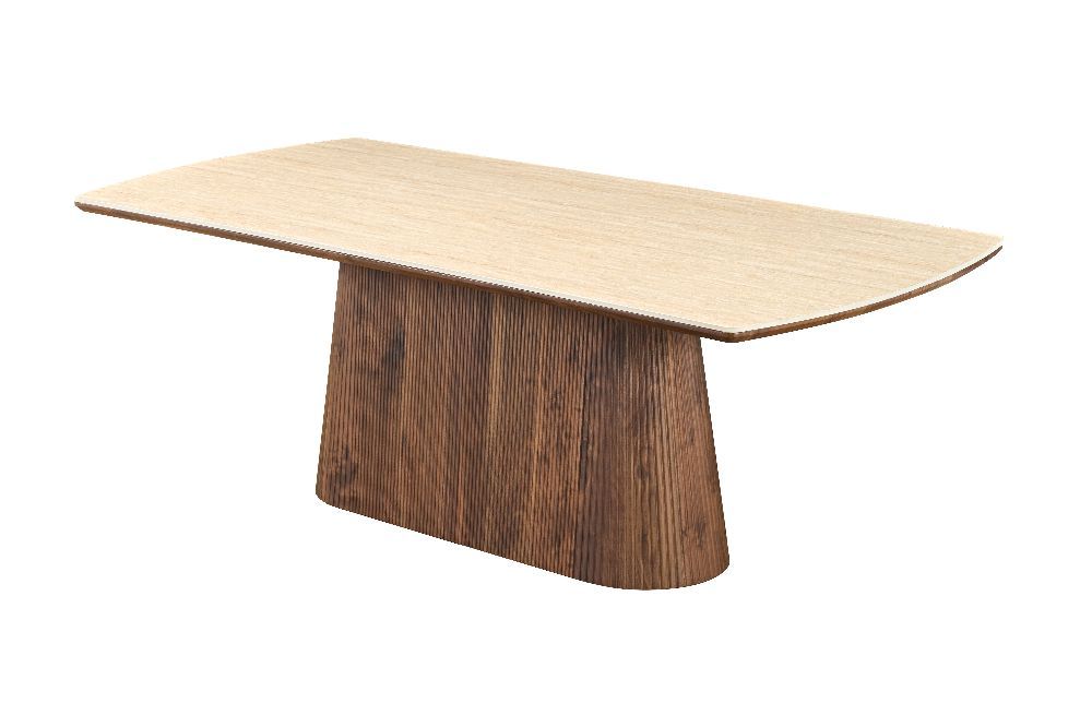 Table a manger vermont plateau ceramique travertin pied central MDF noyer