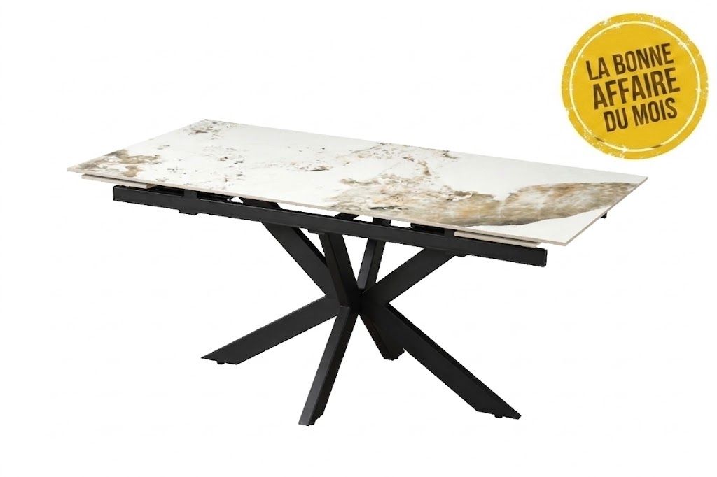 Table a manger geode extensible plateau ceramique pied central metal noir sable